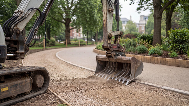 Excavator grading a park path with gravel and tracks