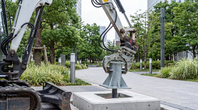 Excavator arm operating at an urban construction site