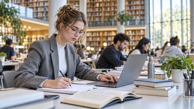 A talented Caucasian girl uses a laptop and writes notes for her essay at a university library desk.