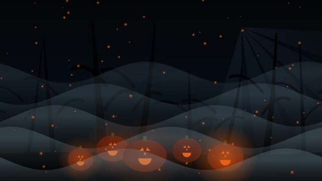 Animated smiling pumpkins with glowing light in spooky graveyard with dark fog waves and magic sparks