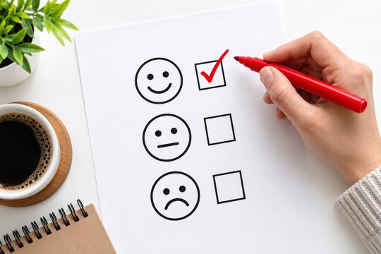 A hand using a red marker to place a tick in an excellent checkbox.