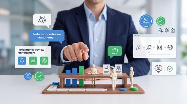 A businessman interacting with a digital interface for performance review management in an office