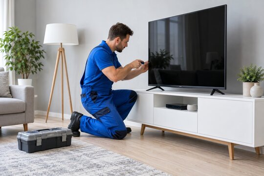 Professional technician repairing a large television in a modern living room.