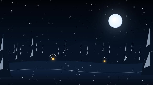 Flat design snowy winter forest scene with full moon and glowing house lights at night