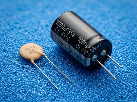 Electrolytic and ceramic capacitors on blue foam background for electronic repair projects.