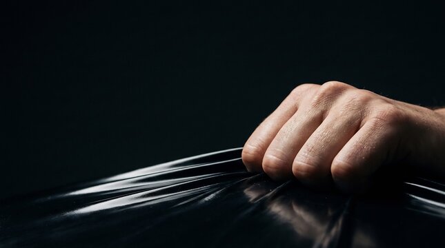 Human hand gripping black plastic body bag in dark room, eerie horror crime scene, suspenseful Halloween mystery thriller concept, trapped victim escaping corpse shroud.
