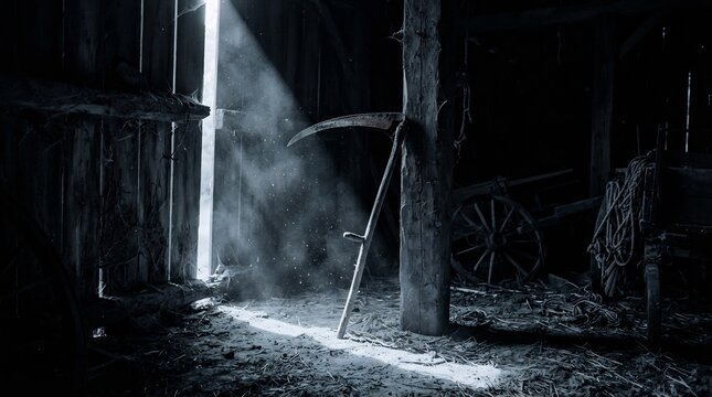 Grim reaper scythe in dark abandoned barn with eerie ray of moonlight and floating dust, spooky Halloween horror concept, haunted rustic shed interior