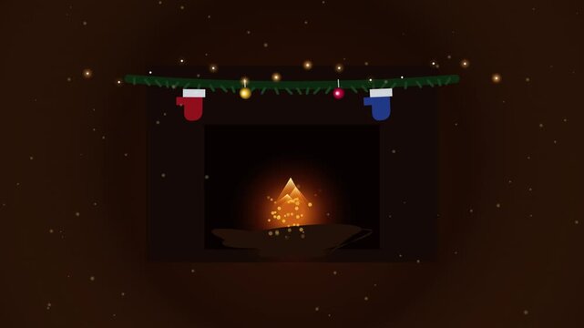 Vector burning fireplace with Christmas garland decorations, hanging socks, and floating glowing sparkles