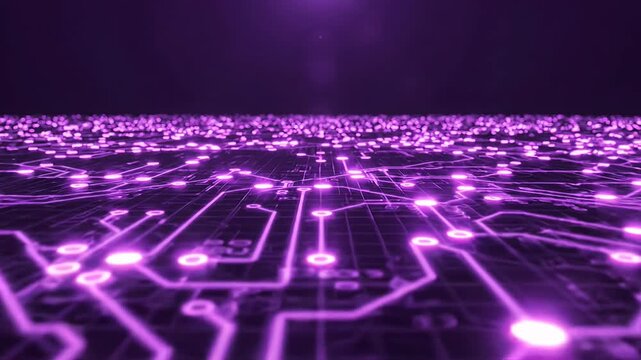 Purple digital grid landscape with particles.