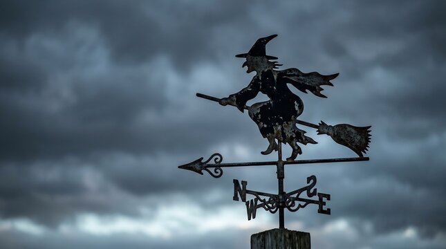 Weathered witch weathervane silhouette against dramatic stormy sky, spooky Halloween concept, vintage iron wind vane with compass, moody dark autumn storm