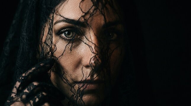 Haunting portrait of woman veiled in black lace, gothic Halloween widow costume, dark mystery, intense gaze, cinematic low key lighting, witch aesthetic.