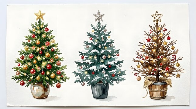 A festive trio of christmas trees decorated evergreen flocked pine and sparkling gold holiday decorations for a joyful season