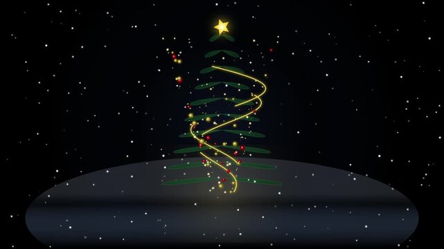 Vector Christmas tree decorated with glowing star and golden magic light spiral in snowy night