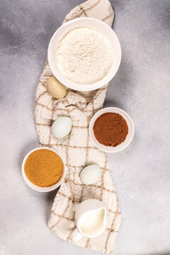 Baking ingredients for chocolate cake or pastry preparation