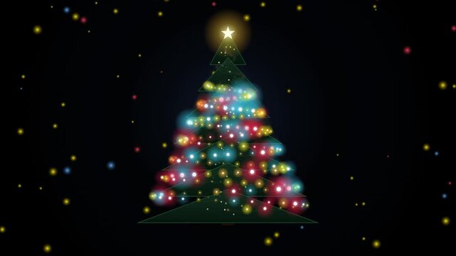 Vector Christmas tree wrapped in blinking colorful lights with glowing star topper and floating bokeh particles