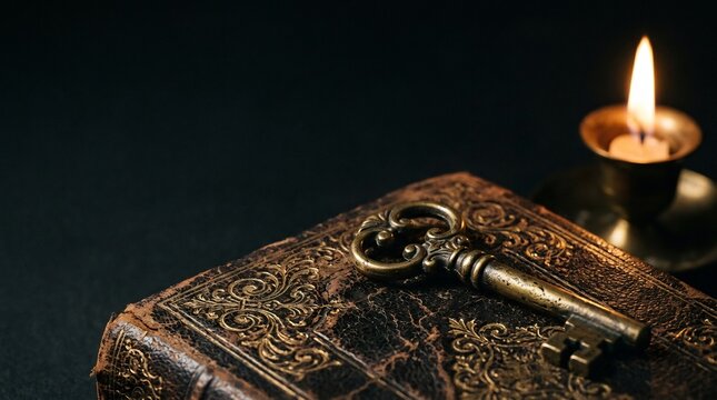 Vintage spellbook with ornate brass key and glowing candle in dark room, mysterious gothic Halloween ritual and occult magic grimoire concept.