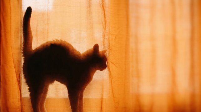 Spooky arched back cat silhouette behind orange sheer curtain, mysterious Halloween aesthetic, eerie feline shadow backlit by window, superstitious October mood