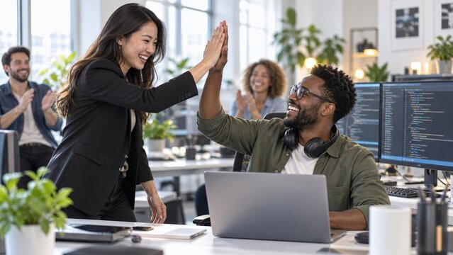African American and Asian programmers celebrating coding project completion with a high five.