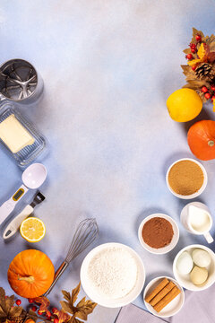 Autumn baking ingredients for pumpkin pie or cake