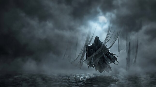 Hooded phantom floating over wet cobblestone street in foggy night, spooky ghost wraith emerging under moonlight, dark Halloween horror atmosphere.