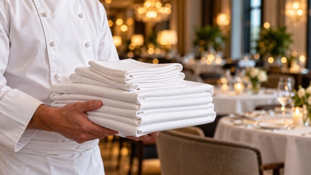 Chef hands holding folded white linen tablecloth and napkins in a restaurant.