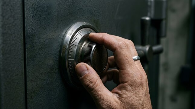 Hand rotating metal safe dial to open vault for financial security