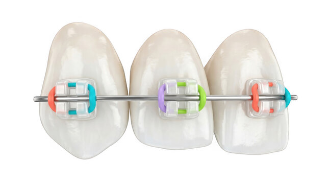 Three teeth with colorful orthodontic braces and metal wire isolated on a transparent background