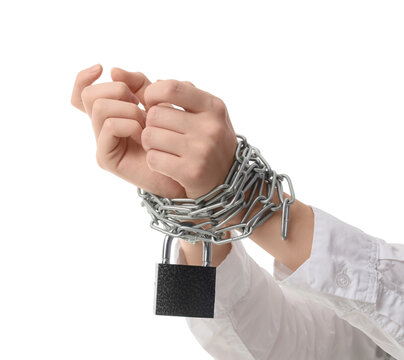 Debt and financial burden, hands tied with metal chains and padlock economic struggle and lack of freedom in business or personal life
