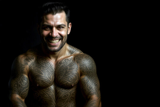 Smiling muscular tattooed man and fitness model, shirtless in a dark studio with black background and copy space, showing a strong athletic body, defined chest, abs and body art.