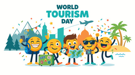Fototapeta premium World tourism day vector illustration featuring joyful cartoon emojis traveling with luggage cameras and maps against iconic global landmarks celebrating adventure and exploration during this special 
