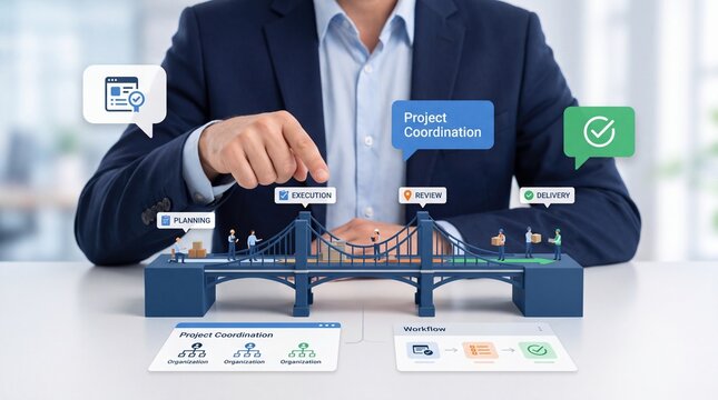 Businessman pointing at a bridge model representing project coordination and workflow on a desk