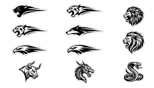 Tribal style animal mascot sticker design collection in bold black and white including wolf lion tiger dragon and cobra snake.