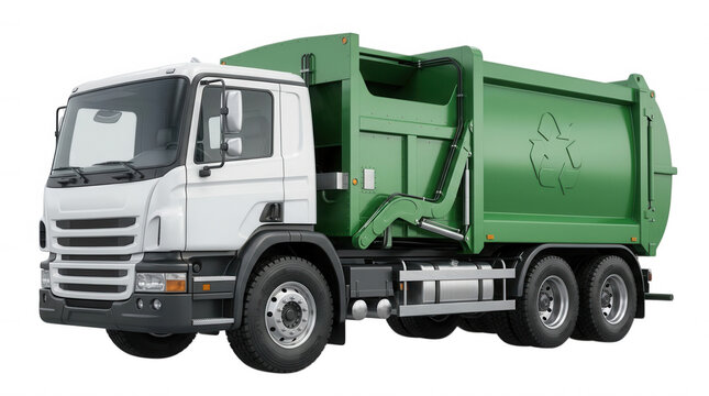 White and green recycling garbage truck with emblem isolated on a transparent background
