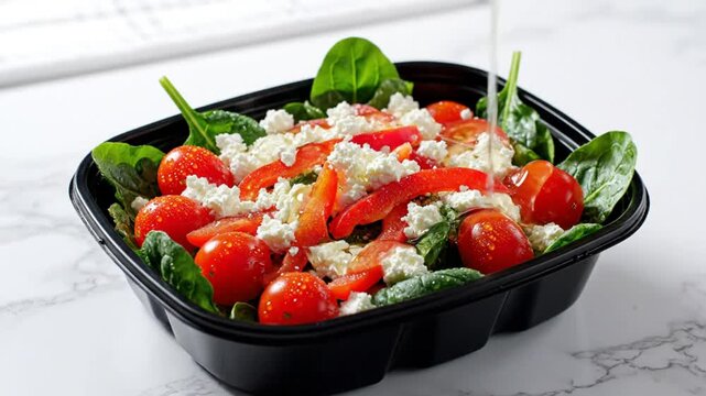 Delicious fresh salad with cherry tomatoes, spinach, red bell pepper, and feta cheese being drizzled with a clear dressing.