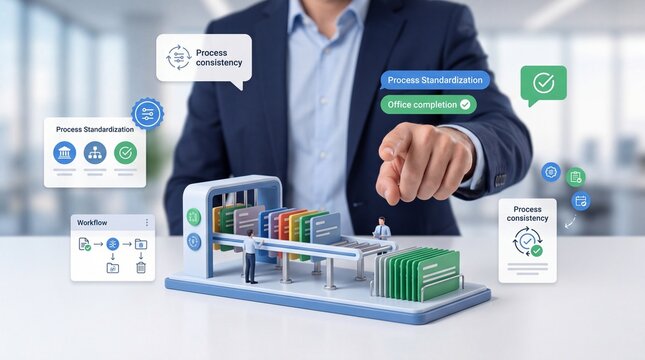 Business person interacting with a miniature conveyor belt model of automated office workflow