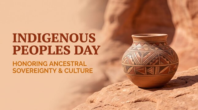 Indigenous Peoples Day banner with engraved native clay pot on sandstone rock in sunlight