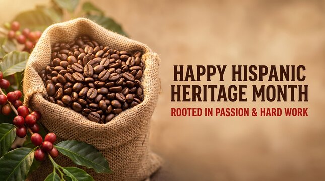 Hispanic Heritage Month banner with burlap sack of coffee beans and red coffee cherries
