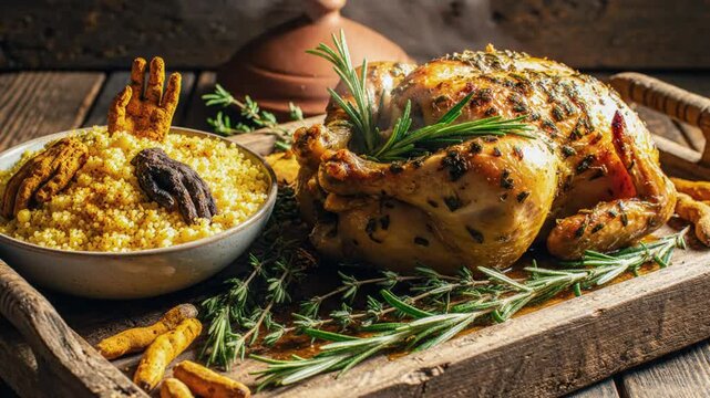 Savory roasted chicken and couscous dish with fresh herbs presented on a rustic wooden tray.