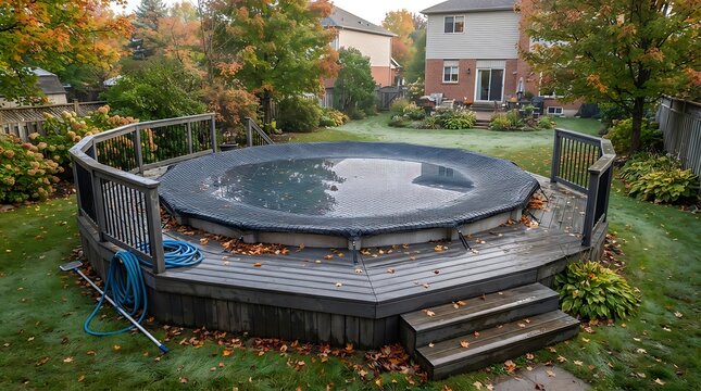 An above ground pool deck with safety net and autumn leaves in a backyard surrounded by colorful fall trees