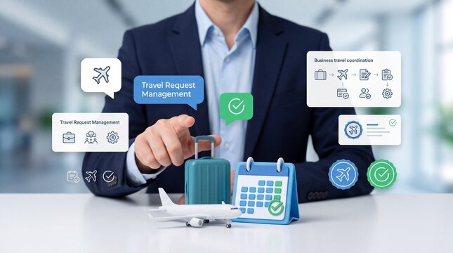 Businessman pointing at digital travel management interface with suitcase with travel icons planning