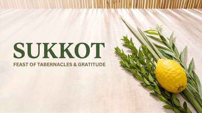 Sukkot banner design with four species etrog and lulav on linen tablecloth under sukkah shadow