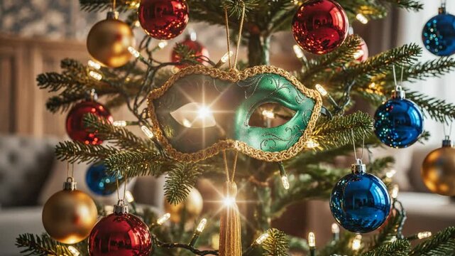 Venetian mask decoration on a Christmas tree with colorful ornaments and warm holiday lights