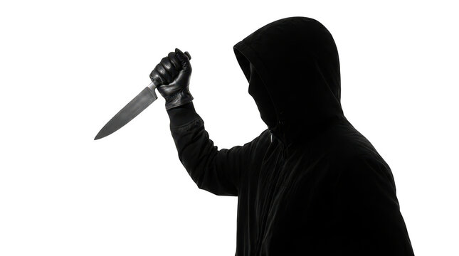 Silhouette of a mysterious hooded figure in black gloves holding a sharp kitchen knife isolated on transparent background