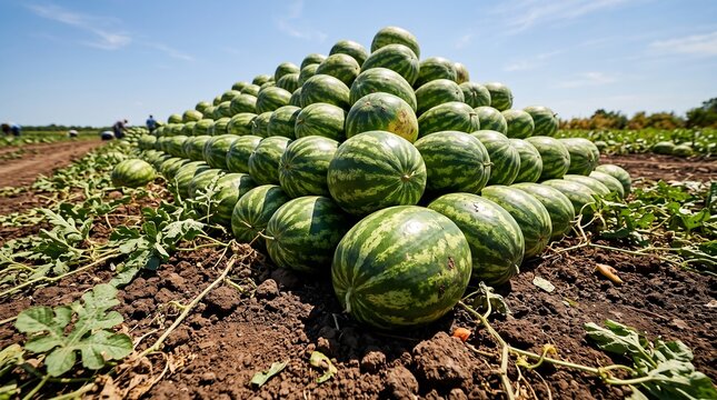 Large pile of freshly harvested green striped watermelons in agricultural field