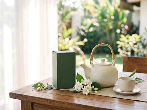 Traditional teapot and green packaging box on a sunny wooden table