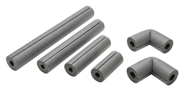 Assorted grey foam pipe insulation tubes and corner pieces for plumbing protection isolated on transparent background