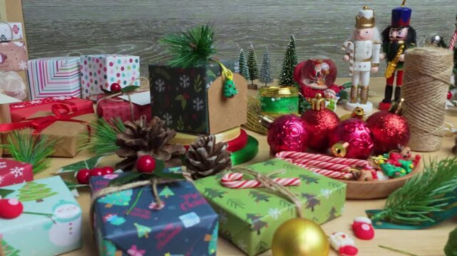 Christmas presents and holiday decorations background