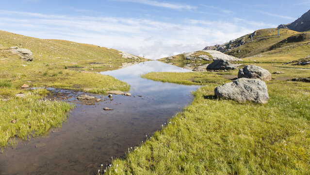 Le lac des Moutons aux Arcs, en Savoie : un lac d'altitude dans les Alpes fran&ccedil;aises, entour&eacute; de montagnes rocheuses et de vaches. Reflets des montagnes &mdash; dont le mont Blanc &mdash; dans les eaux du lac.