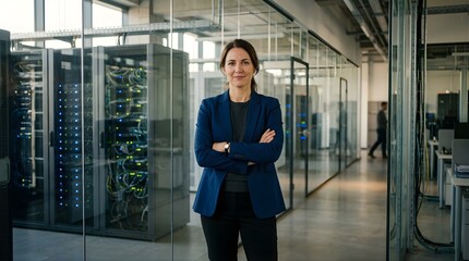 Fototapeta premium Professional woman standing in a modern server room at IT data center