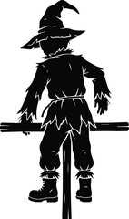 Obraz premium Spooky scarecrow standing on wooden post in autumn harvest vector silhouette illustration for scary halloween graphic design projects
